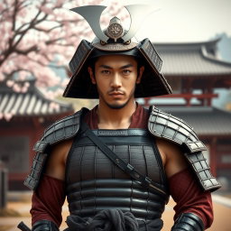 A striking portrait of Hiroshi, a 28-year-old Japanese samurai, depicted as really sexy yet honorable, disciplined, and respectful