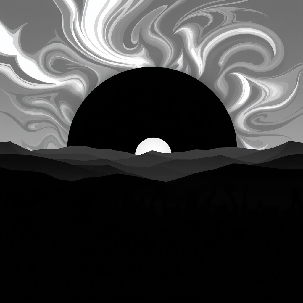 A striking black and white representation of a black sunrise over a dynamic landscape, reminiscent of a techno rave atmosphere