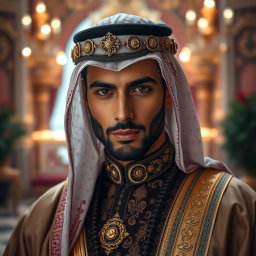 A stunning portrait of Omar, a 30-year-old Arabian prince, depicted as really sexy and exuding an air of wealth and exotic charm