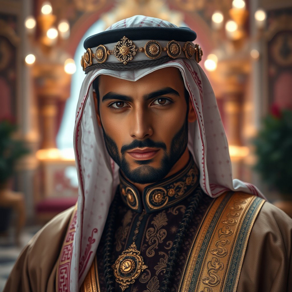 A stunning portrait of Omar, a 30-year-old Arabian prince, depicted as really sexy and exuding an air of wealth and exotic charm