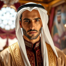 A stunning portrait of Omar, a 30-year-old Arabian prince, depicted as really sexy and exuding an air of wealth and exotic charm