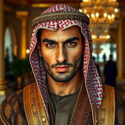 A stunning portrait of Omar, a 30-year-old Arabian prince, depicted as really sexy and exuding an air of wealth and exotic charm