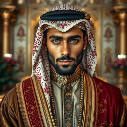 A stunning portrait of Omar, a 30-year-old Arabian prince, depicted as really sexy and exuding an air of wealth and exotic charm