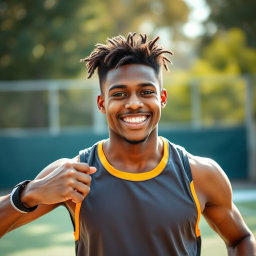 A vibrant and energetic portrait of Noah, a 22-year-old black college athlete depicted as really, really sexy