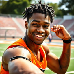 A vibrant and energetic portrait of Noah, a 22-year-old black college athlete depicted as really, really sexy