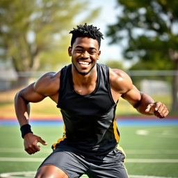 A vibrant and energetic portrait of Noah, a 22-year-old black college athlete depicted as really, really sexy