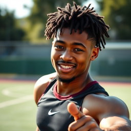 A vibrant and energetic portrait of Noah, a 22-year-old black college athlete depicted as really, really sexy