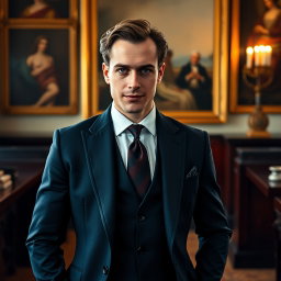 A sophisticated and refined portrait of William, a 38-year-old British aristocrat depicted as strikingly sexy