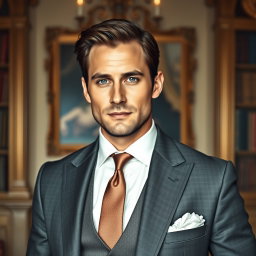 A sophisticated and refined portrait of William, a 38-year-old British aristocrat depicted as strikingly sexy