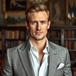 A sophisticated and refined portrait of William, a 38-year-old British aristocrat depicted as strikingly sexy