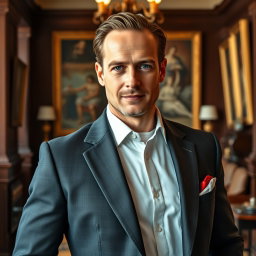 A sophisticated and refined portrait of William, a 38-year-old British aristocrat depicted as strikingly sexy