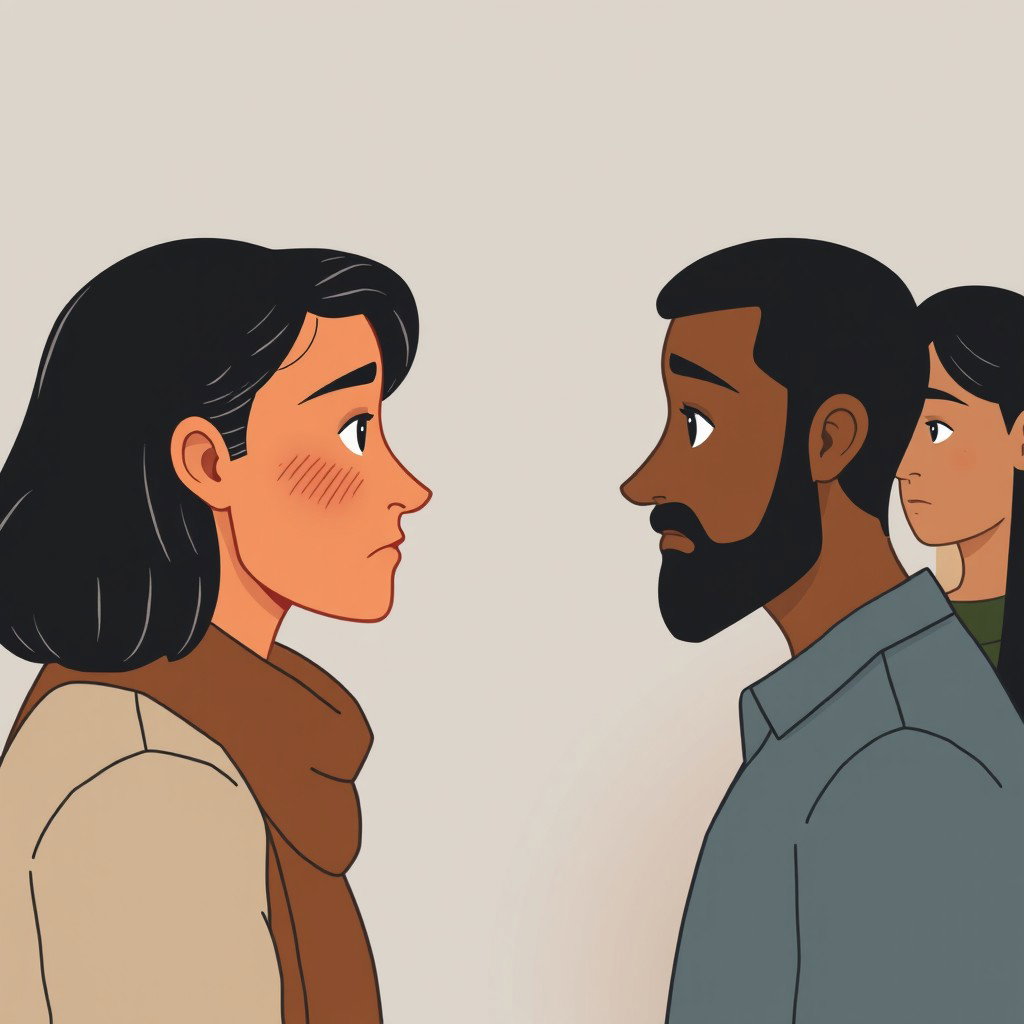 A poignant illustration depicting two or more individuals from different ethnic backgrounds facing each other