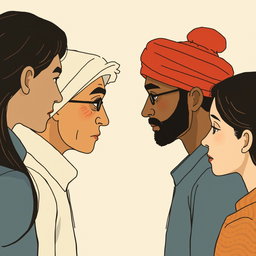 A poignant illustration depicting two or more individuals from different ethnic backgrounds facing each other
