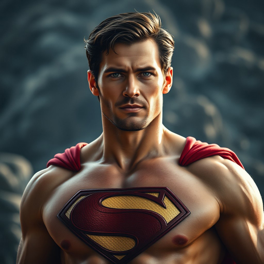 A strikingly realistic portrait of Clark, a 32-year-old man embodying the essence of 'Man of Steel'