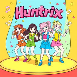 Coloring pages featuring characters from a fictional K-pop inspired children's movie called 'Huntrix', with vibrant and playful designs