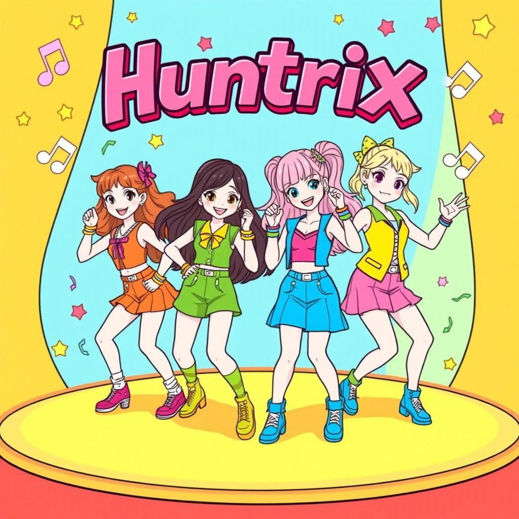 Coloring pages featuring characters from a fictional K-pop inspired children's movie called 'Huntrix', with vibrant and playful designs