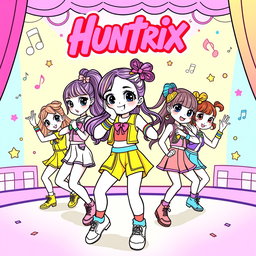 Coloring pages featuring characters from a fictional K-pop inspired children's movie called 'Huntrix', with vibrant and playful designs
