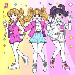 Coloring pages featuring characters from a fictional K-pop inspired children's movie called 'Huntrix', with vibrant and playful designs