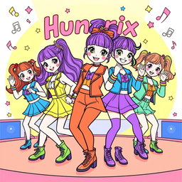 Coloring pages featuring characters from a fictional K-pop inspired children's movie called 'Huntrix', with vibrant and playful designs