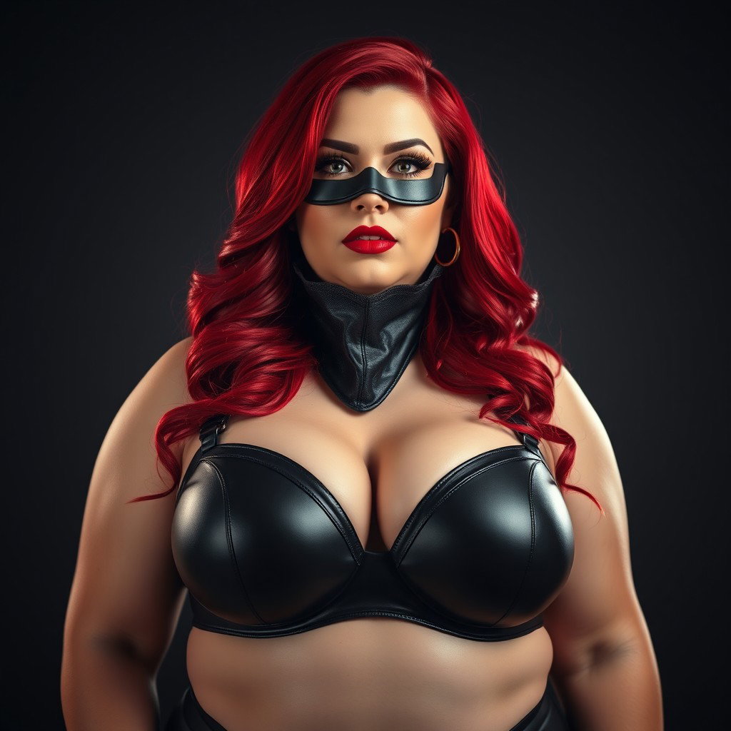 An enticing portrayal of a 30-year-old BBW (Big, Beautiful Woman) with striking curves and vibrant red hair, depicted as really sexy and confident
