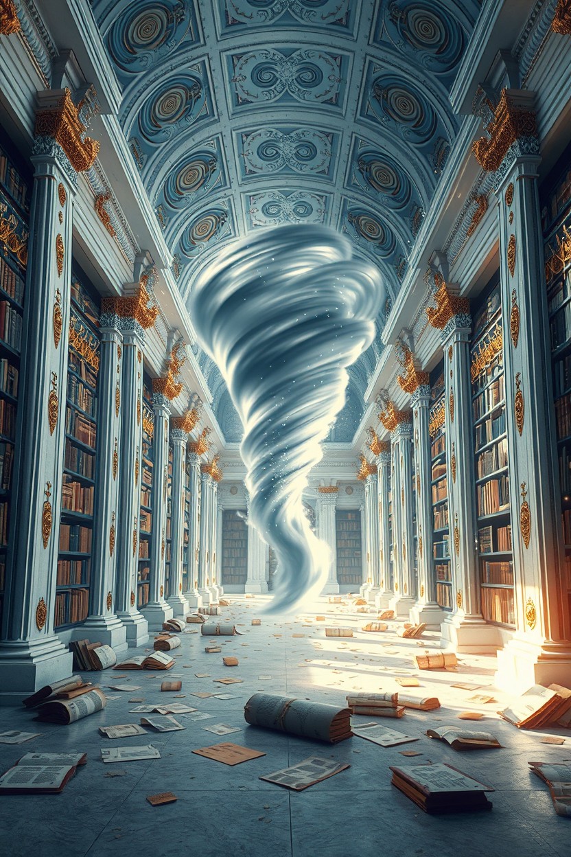 The interior of a celestial library with white walls and majestic columns adorned with intricate gold and silver swirling patterns