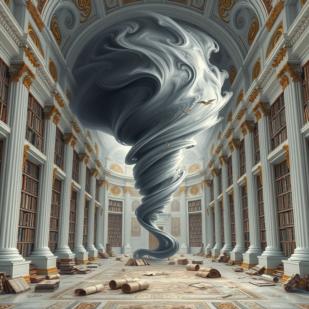 The interior of a celestial library with white walls and columns, adorned with intricate gold and silver swirls