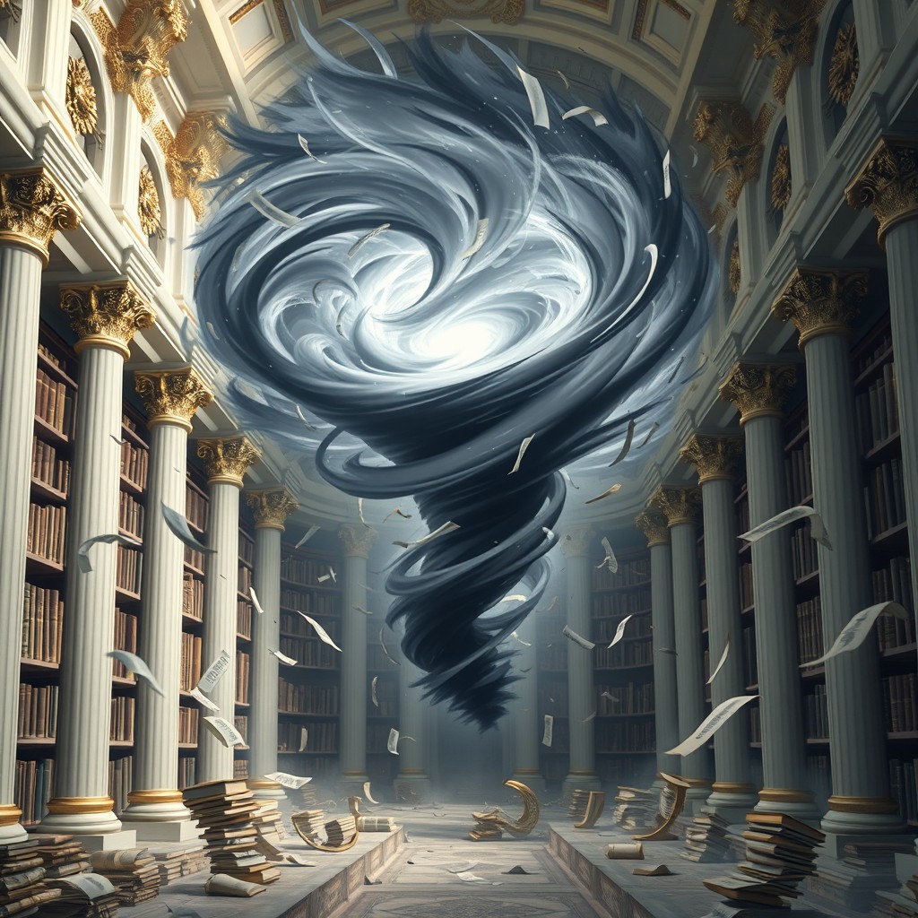 A celestial library with white columns and golden and silver details, engulfed by strong winds