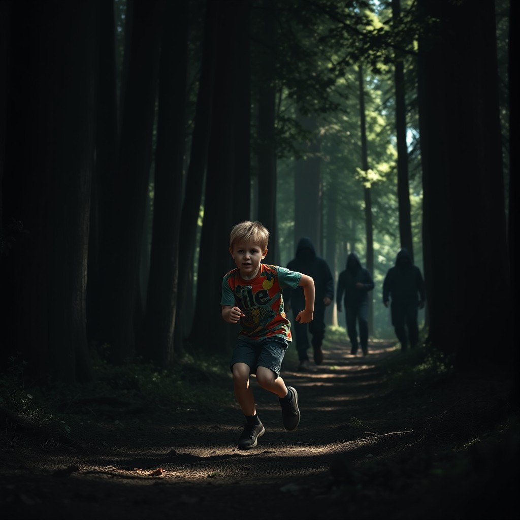 A young boy sprinting through a dense, shadowy forest, while a group of ominous figures lurk behind the trees, their faces obscured and menacing