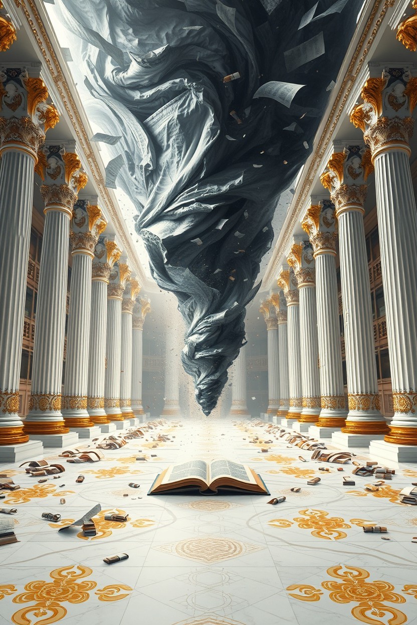 A gigantic celestial library featuring majestic white columns adorned with gold and silver details in a mythological style