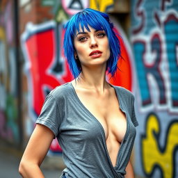 A striking image of a 26-year-old woman with vibrant blue hair, embodying a quirky and alternative style