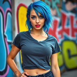 A striking image of a 26-year-old woman with vibrant blue hair, embodying a quirky and alternative style