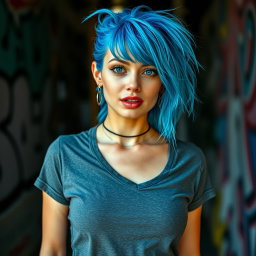 A striking image of a 26-year-old woman with vibrant blue hair, embodying a quirky and alternative style
