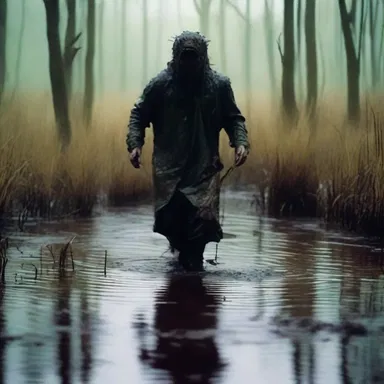 In the horror movie, the protagonist found themselves stuck in a marshy swamp, fighting to escape the clutches of an evil creature.