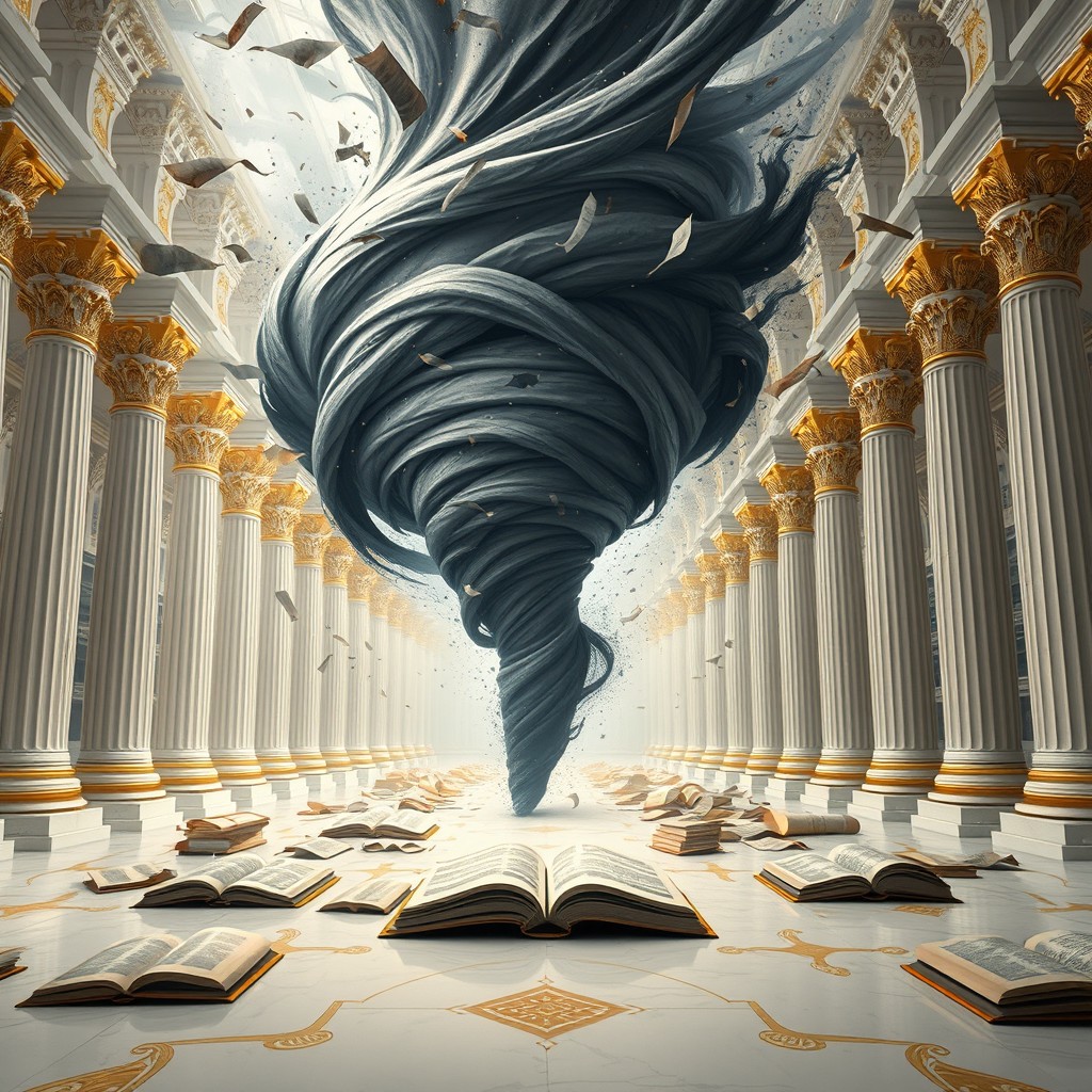 A colossal celestial library with white columns adorned with golden and silver details, embodying a mythical style