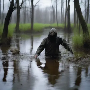 In the horror movie, the protagonist found themselves stuck in a marshy swamp, fighting to escape the clutches of an evil creature.