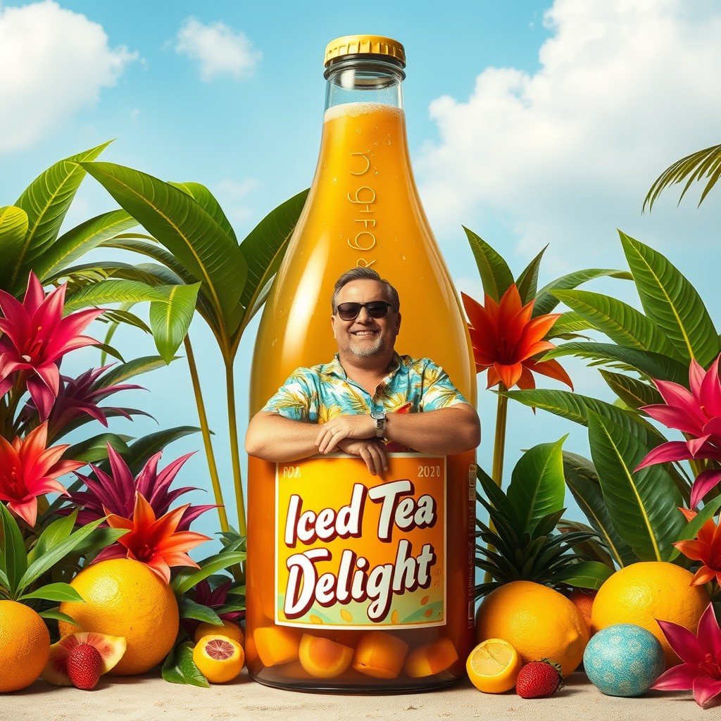 A whimsical scene featuring a man comfortably seated inside a giant bottle of iced tea, which is filled with golden iced tea liquid