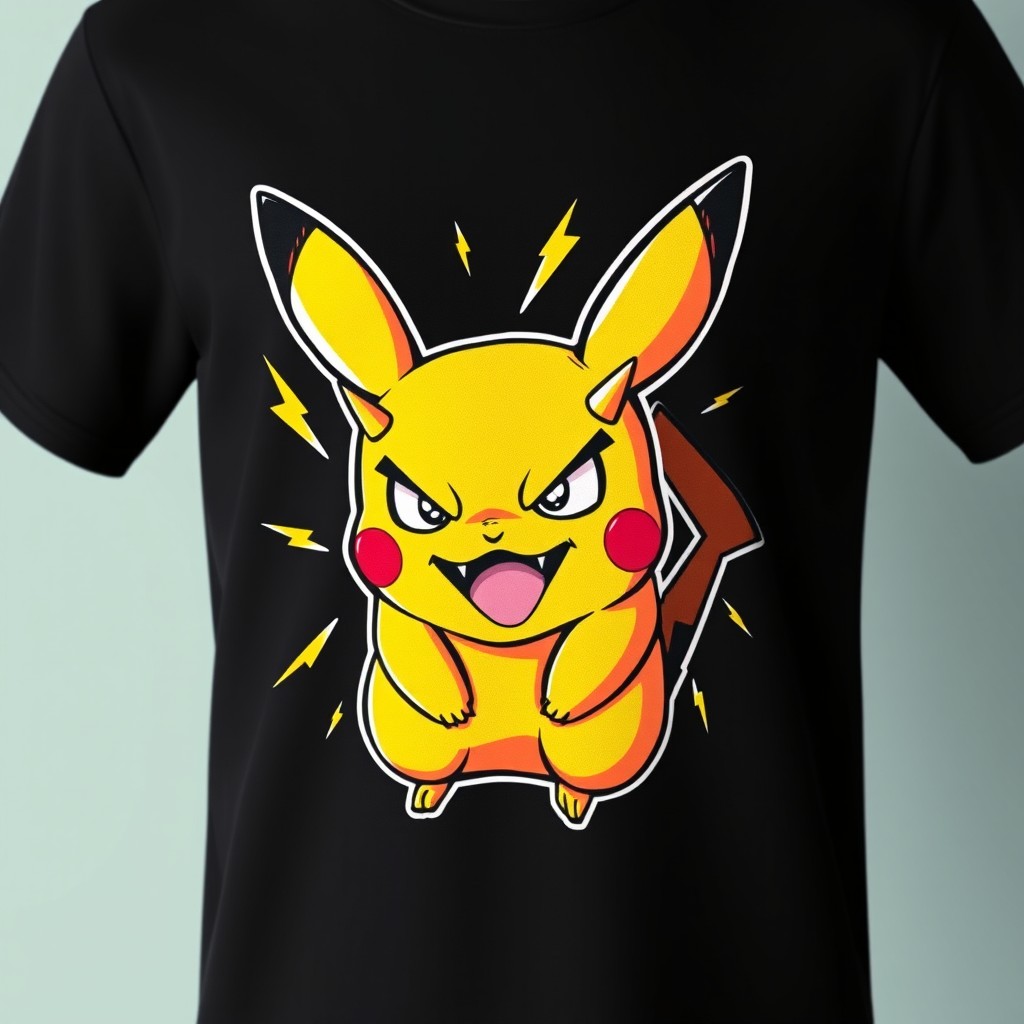 A black t-shirt featuring an artistic illustration of a mischievous, cartoonish version of Pikachu with a devilish grin