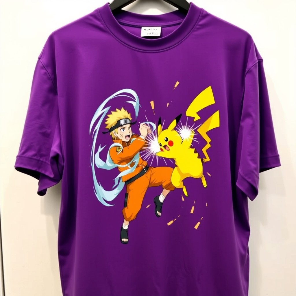 A dynamic and colorful scene depicting a purple t-shirt featuring an illustration of Naruto and Pikachu engaged in an epic battle