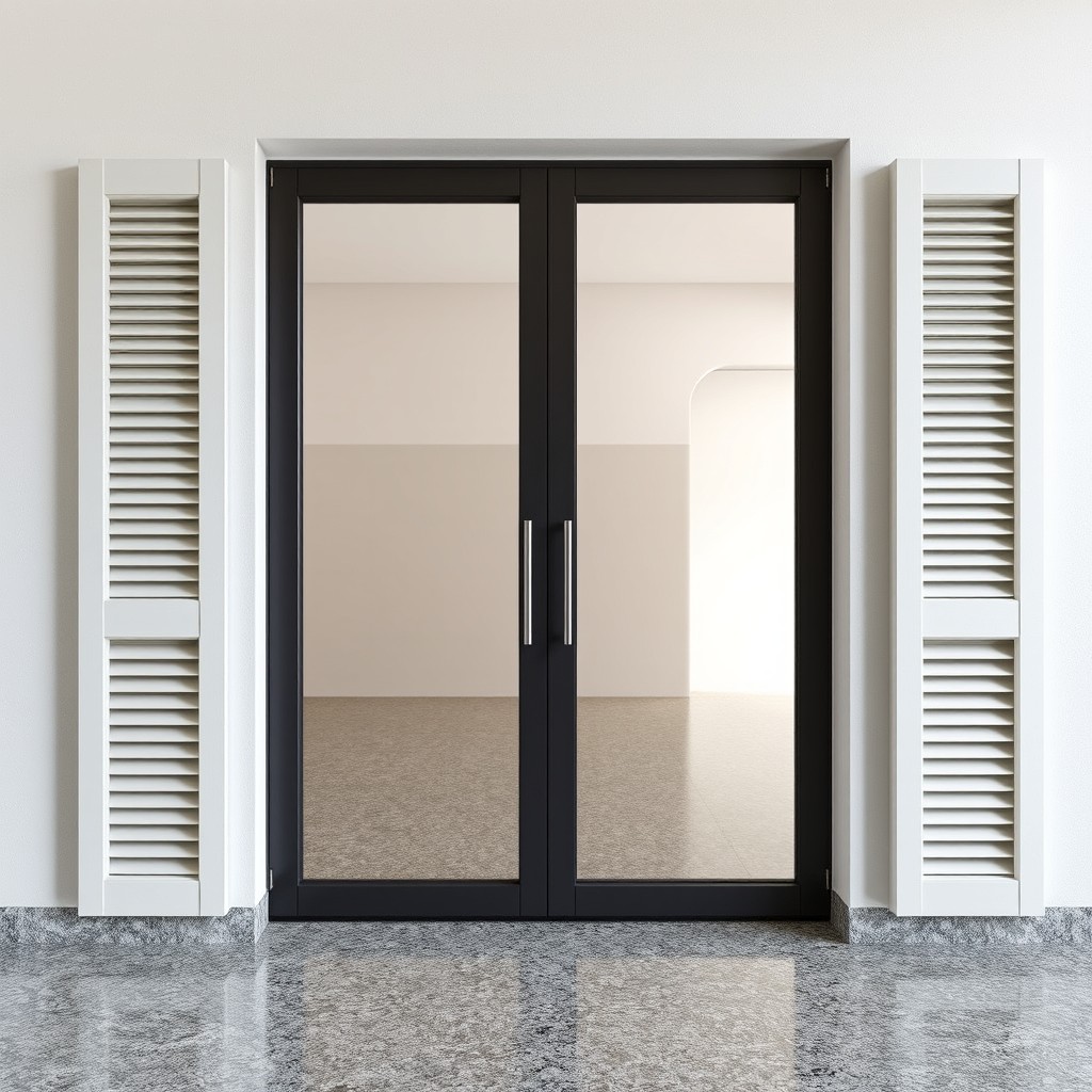 A design of a sliding door consisting of two leaves with roller tracks, featuring a frame made of symmetrical square glass panels, each door leaf measuring 2 meters high and 0
