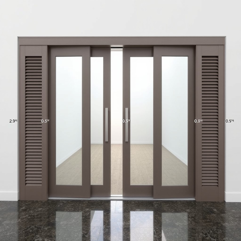 A design of a sliding door featuring two leaves with roller tracks, made with a frame of symmetrical square glass panels