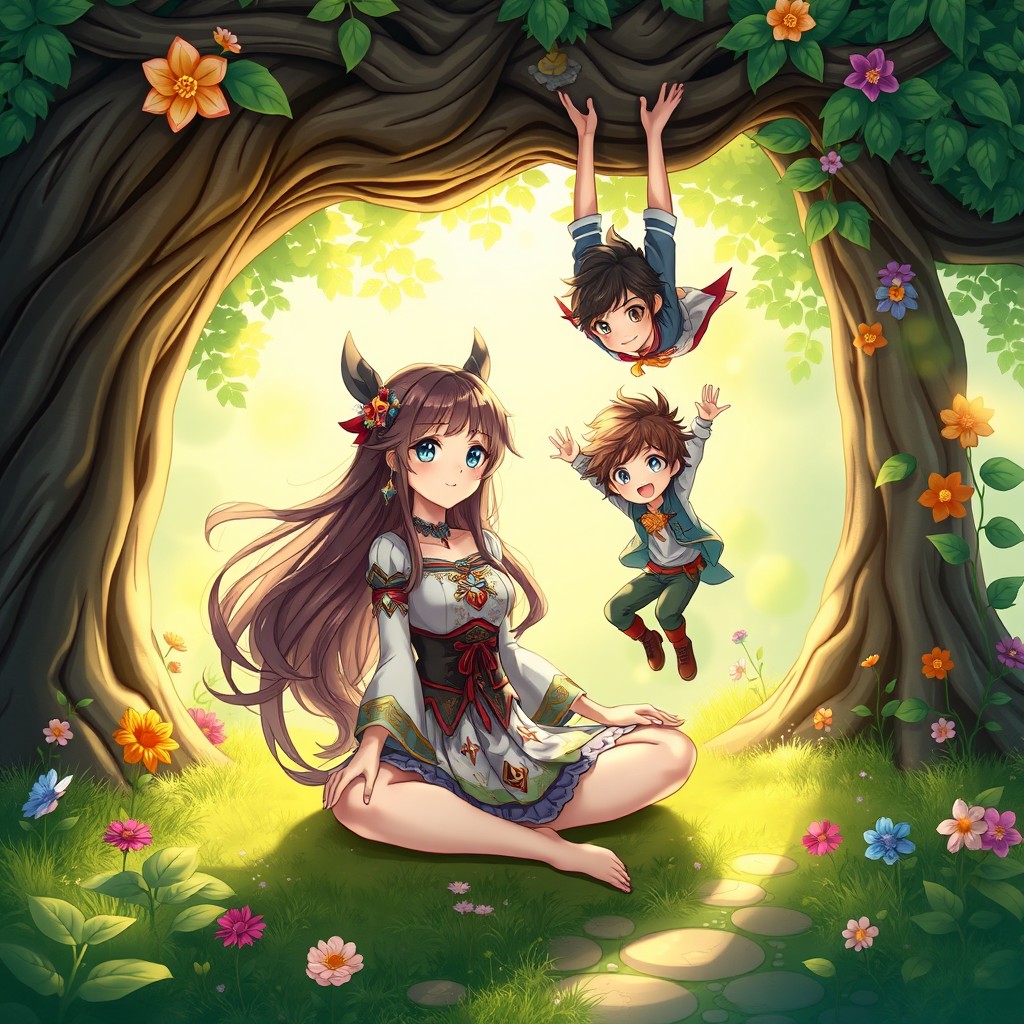 A girl sitting in a lotus position under a tree, with a young man hanging down from one of the tree branches