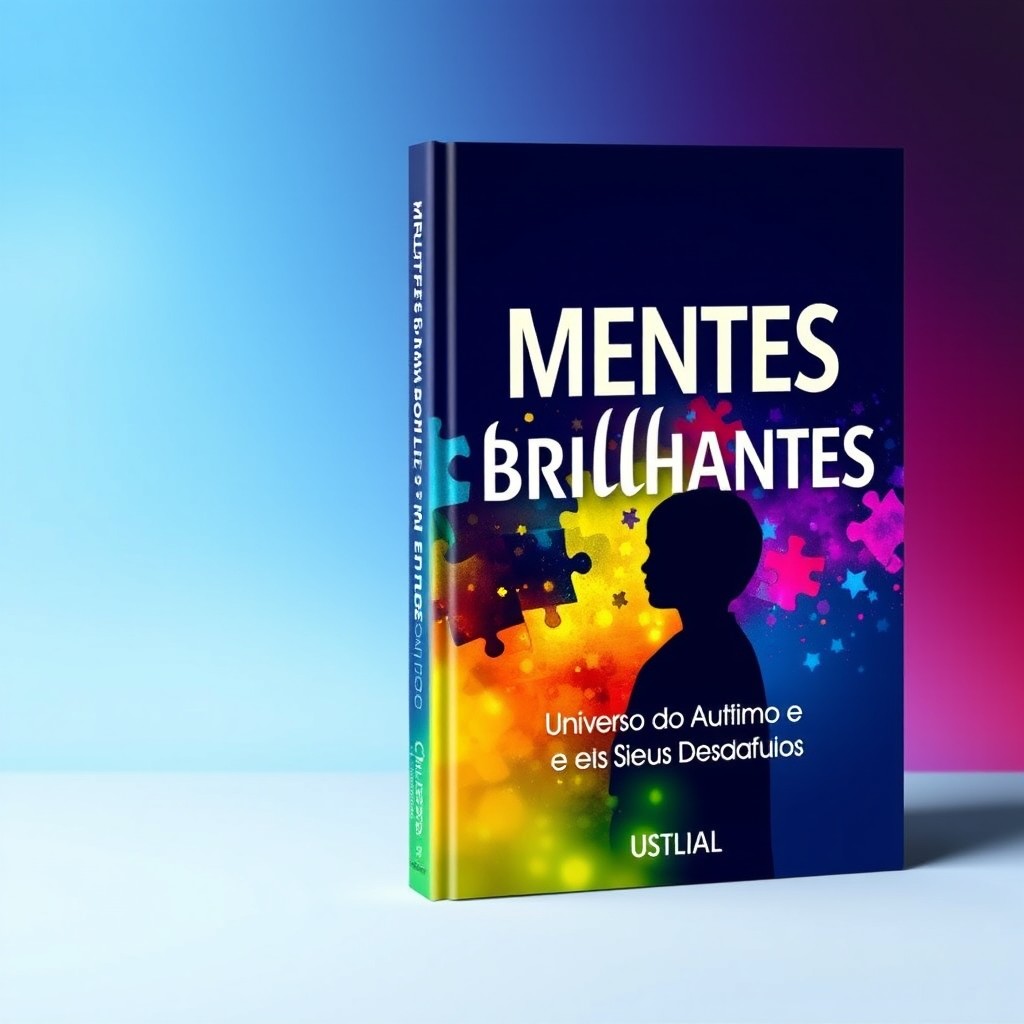 A vibrant and visually appealing eBook cover titled 'Mentes Brilhantes' featuring colorful elements related to autism