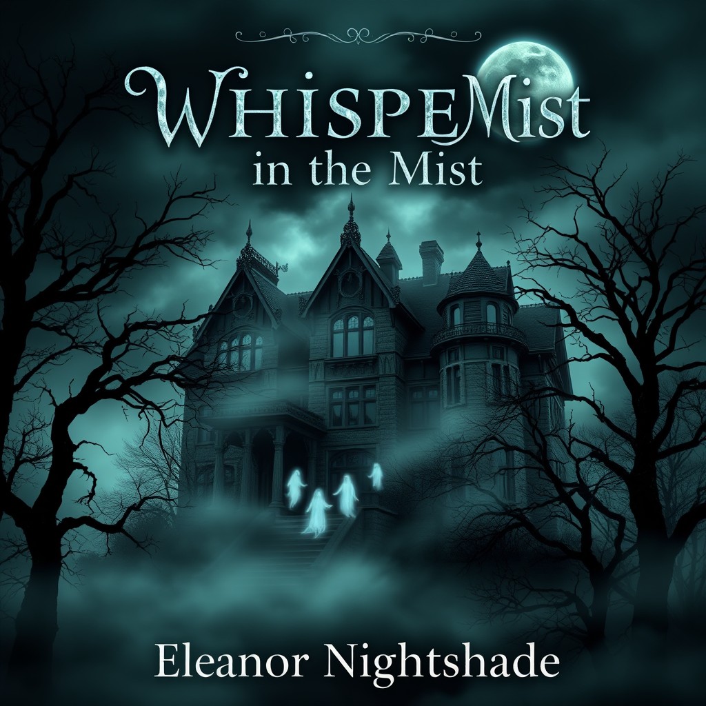 A hauntingly beautiful book cover design for 'Whispers in the Mist' by Eleanor Nightshade