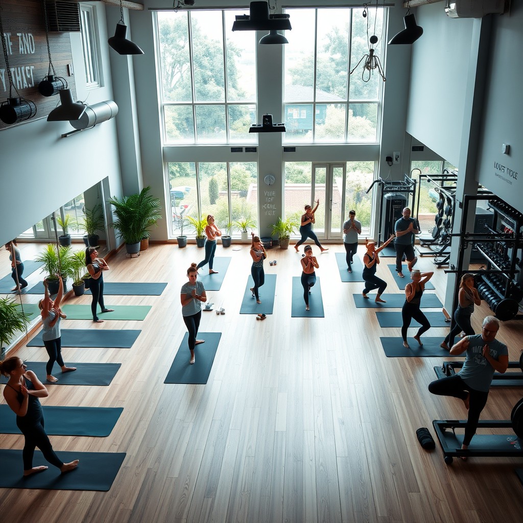 A modern yoga studio combined with a weight training area, featuring spacious layouts