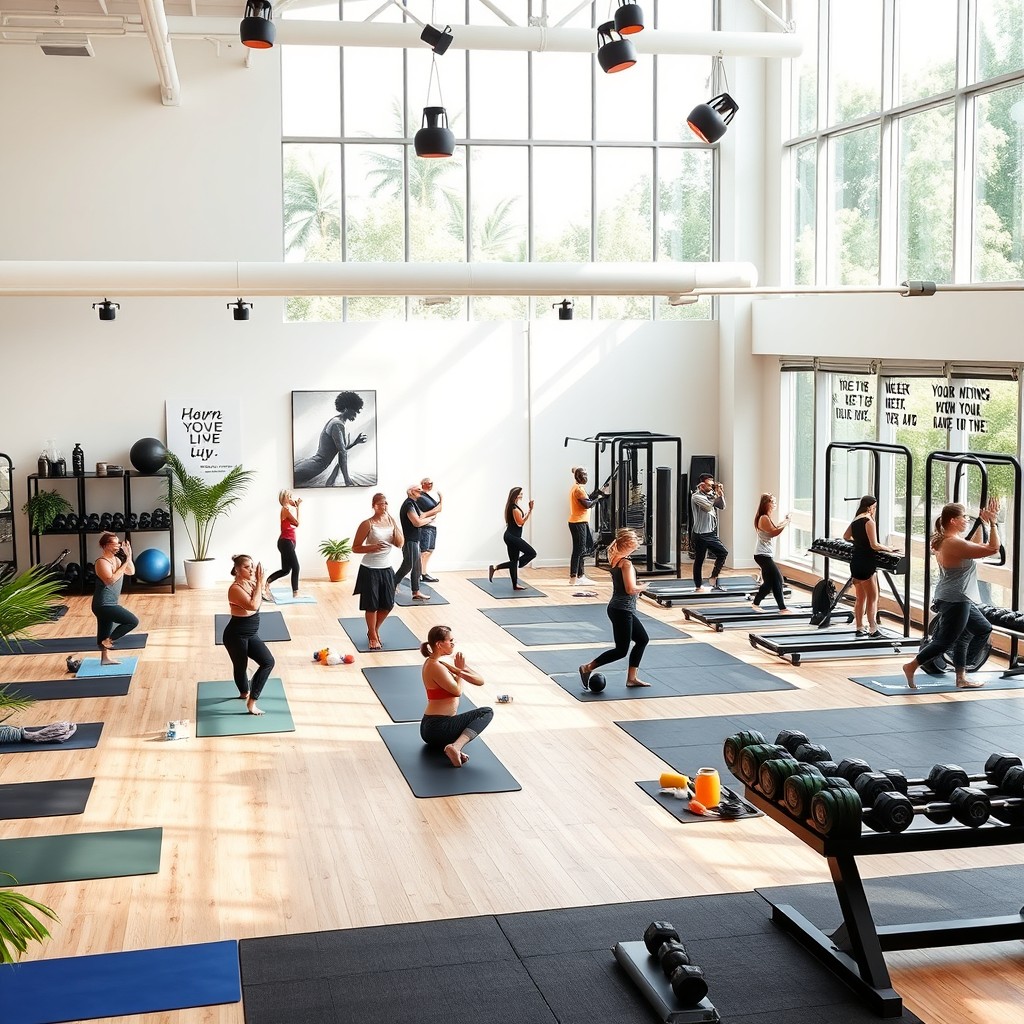 A modern yoga studio combined with a weight training area, featuring spacious layouts