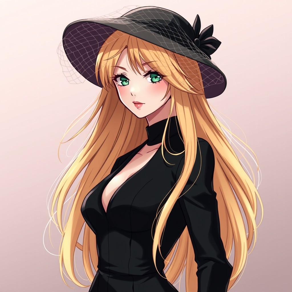 An anime female original character with long, flowing blond gold hair that cascades elegantly down her back