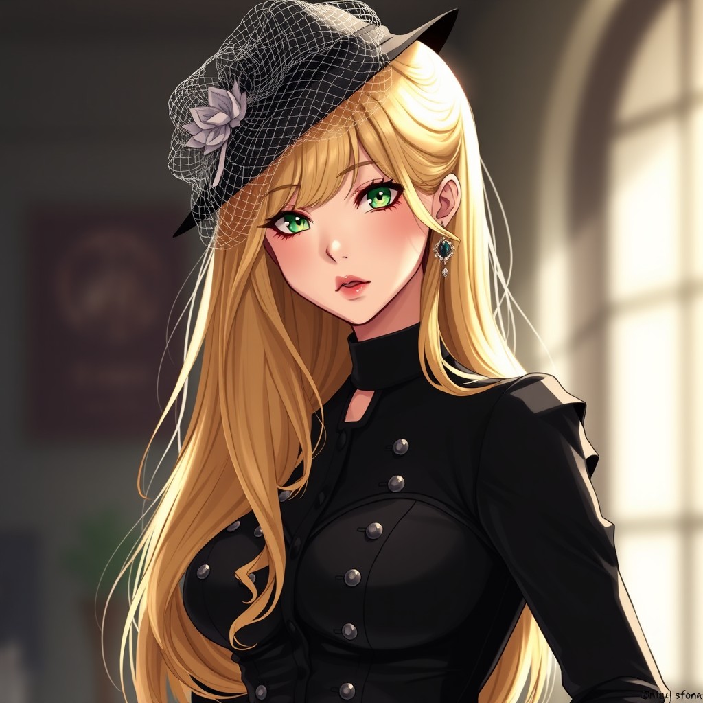 A captivating anime female original character (OC) with long, flowing blonde gold hair that shimmers in the light, and mesmerizing emerald green eyes that draw attention