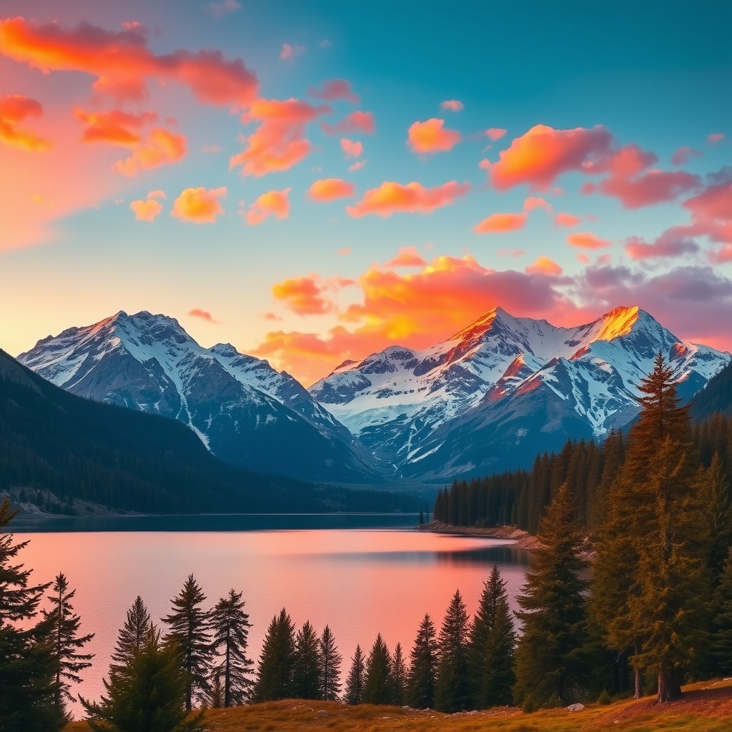 A majestic mountain landscape during sunset, with vibrant orange and pink hues reflecting off the snow-capped peaks