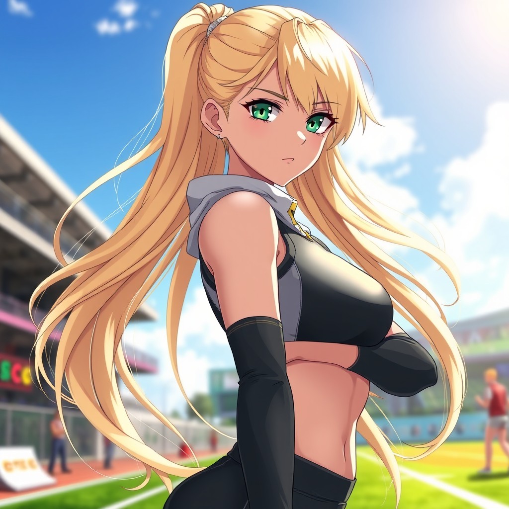 An anime original character (OC) featuring a striking female figure with long, flowing blond gold hair that cascades down her back, accentuating her athletic build