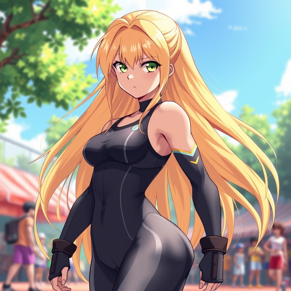 An anime original character (OC) featuring a striking female with long, flowing blond gold hair that reaches down her back, emphasizing her athletic build